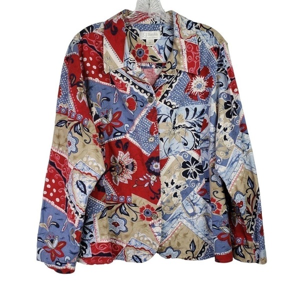 CJ Banks Christopher Banks Women's 2X Linen LS Patchwork Floral Button Up Shirt - Picture 2 of 8